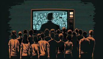 ai generato persone folla Guardando tv. tv dipendenza, propaganda e falso notizia concetto. generativo ai foto