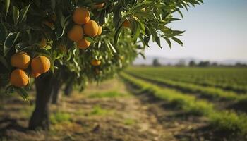 ai generato un arancia albero è nel il primo piano con un' azienda agricola campo sfondo. generativo ai foto