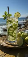 ai generato sbalorditivo foto di cocktail Mojito, un' soleggiato estate spiaggia nel il sfondo. generativo ai