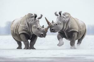 ai generato Due rinoceronte ottenere pronto per combattimento su Ghiaccio. ai generato foto