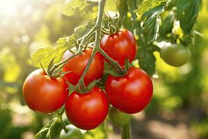 ai generato fresco mazzo di rosso naturale pomodori su un' ramo nel verdura giardino. ai generato foto