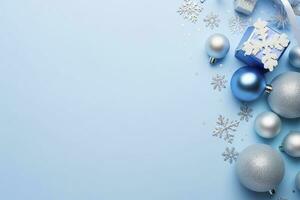 ai generato Natale vigilia concetto. superiore Visualizza foto di blu e argento palline fiocco di neve ornamenti elegante presente scatole e coriandoli. ai generato