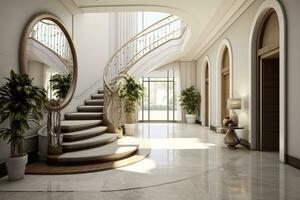 ai generato il interno design di il moderno Ingresso sala con un' scala nel il villa. ai generato foto