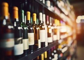 ai generato astratto sfocatura vino bottiglie su liquore alcool scaffali nel supermercato memorizzare sfondo. generativo ai foto