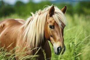 ai generato Marrone cavallo con biondo capelli mangia erba su un' verde prato dettaglio a partire dal il testa. ai generato foto