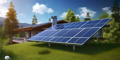 ai generato fotovoltaico solare pannelli. sostenibile energia. un' mini energia pianta per un' casa. generativo ai foto