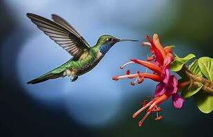 ai generato colibrì uccello volante Il prossimo per un' bellissimo rosso fiore con pioggia. ai generato foto