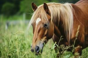 ai generato Marrone cavallo con biondo capelli mangia erba su un' verde prato dettaglio a partire dal il testa. ai generato foto