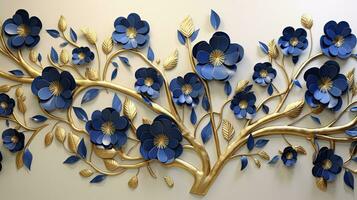 ai generato elegante oro e reale blu floreale albero con le foglie e fiori sospeso rami illustrazione sfondo. ai generato. foto