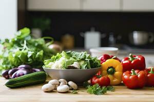 ai generato per cucinando, fresco la verdura, verde insalata, peperoni, funghi, e melanzana. ai generato foto
