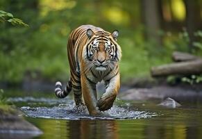 ai generato amur tigre a piedi nel il acqua. pericoloso animale. animale nel un' verde foresta flusso. generativo ai foto