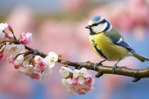 ai generato un' bluetit uccello riposo su il ramo di un' albero. ai generato. foto