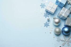 ai generato Natale vigilia concetto. superiore Visualizza foto di blu e argento palline fiocco di neve ornamenti elegante presente scatole e coriandoli. ai generato