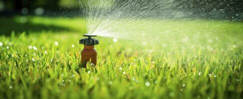 ai generato automatico giardino prato spruzzatore nel azione irrigazione erba. ai generato foto