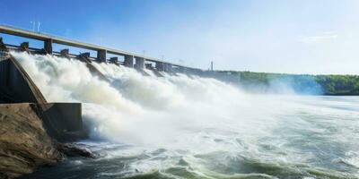 ai generato idroelettrico diga generando verde energia a partire dal fluente acqua. ai generato. foto