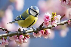 ai generato un' bluetit uccello riposo su il ramo di un' albero. ai generato. foto