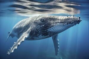 ai generato giovane gobba balena nel blu acqua. ai generato foto