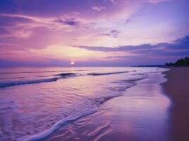 ai generato estate spiaggia con blu acqua e viola cielo a il tramonto. ai generato. foto