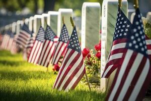 ai generato militare lapidi e lapidi decorato con bandiere per memoriale giorno. ai generato foto