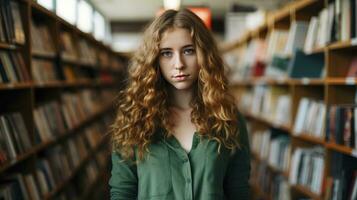 ai generato un' 20 anno vecchio donna nel un' verde vestito e ondulato capelli, nel libreria scaffali. foto
