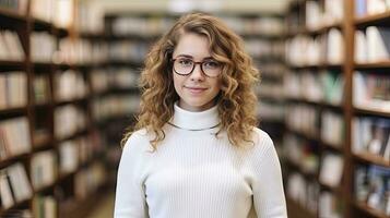 ai generato un' giovane femmina insegnante con ondulato capelli sta tra libreria scaffali, circondato di libri. foto