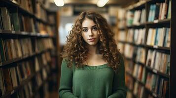 ai generato un' 20 anno vecchio donna nel un' verde vestito e ondulato capelli, nel libreria scaffali. foto