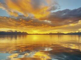 ai generato luminosa tramonto al di sopra di lago d'oro nuvole riflettere nel il acqua. ai generato. foto