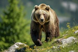 ai generato Marrone orso in movimento su il verde prato nel primavera natura. ai generato foto