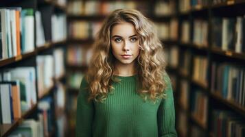 ai generato un' 20 anno vecchio donna nel un' verde vestito e ondulato capelli, nel libreria scaffali. foto