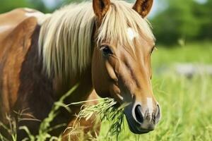 ai generato Marrone cavallo con biondo capelli mangia erba su un' verde prato dettaglio a partire dal il testa. ai generato foto