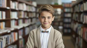 ai generato carino poco bambini a un' biblioteca. indietro per scuola concetto. foto