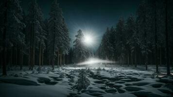 ai generato descrivere il complesso ecosistema di un' pino foresta a notte durante inverno, evidenziazione il interazione di chiaro di luna e ombre. foto