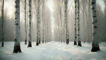 ai generato Scrivi di il solitudine di un' inverno betulla boschetto, con ogni albero in piedi come un' sentinella contro il freddo. foto