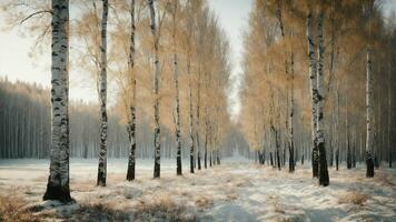 ai generato Scrivi di il solitudine di un' inverno betulla boschetto, con ogni albero in piedi come un' sentinella contro il freddo. foto