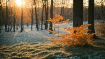 ai generato dettaglio il delicato variazioni nel colore come il inverno sole imposta dietro a un' ceduo di acero alberi. foto
