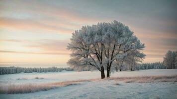 ai generato d'inverno tavolozza Esplorare il delicato tonalità di inverno di inquadratura un' foresta scena dove il freddo toni di neve miscela senza soluzione di continuità con il caldo sfumature di il Alba o tramonto. foto