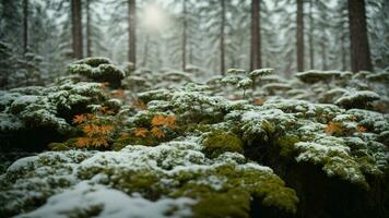 ai generato descrivere il textures e colori di ricoperto di licheni rami nel un' innevato boreale foresta. foto