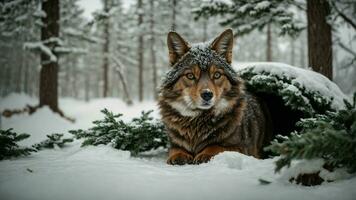 ai generato mestiere un' storia di il simbiotico relazione fra natura e il riparo fornito di innevato sempreverdi. foto