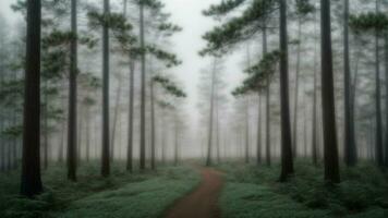 ai generato Esplorare il inquietante bellezza di un' nebbioso inverno mattina nel un' pino foresta, con alberi avvolto nel nebbia. foto