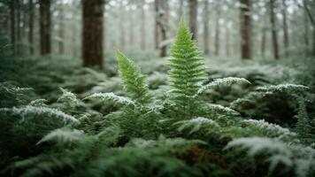 ai generato Esplorare il dettagli di baciato dal gelo felci e il sottobosco vegetazione sotto il inverno alberi, evidenziazione il contrasto fra il fragile verdura e il circostante nevoso paesaggio foto