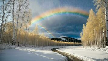 ai generato Scrivi di il raro occorrenza di un' inverno arcobaleno inarcando al di sopra di un' boschetto di carico di neve pioppo tremolo alberi. foto