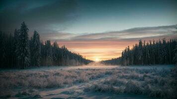 ai generato depict il transizione a partire dal giorno per notte nel un' inverno foresta, cattura il mutevole tonalità di il cielo e il emergenza di luce delle stelle. foto