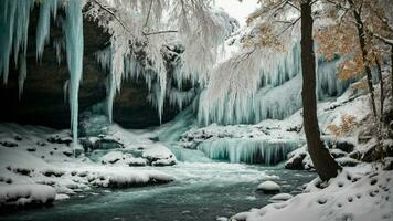 ai generato creare un' vivido immagine di un' congelato cascata incorniciato di coperto di ghiaccioli alberi. foto