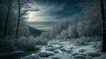 ai generato descrivere il interazione di chiaro di luna su carico di neve rami nel un' denso inverno foresta. foto