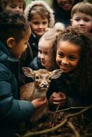 ai generato gruppo di bambini si riunirono in giro un' bambino cervo, sorridente e delicatamente petting suo morbido pelliccia foto