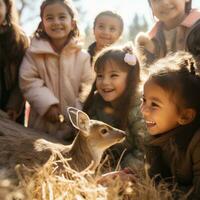 ai generato gruppo di bambini si riunirono in giro un' bambino cervo, sorridente e delicatamente petting suo morbido pelliccia foto