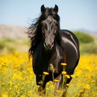 ai generato un' Impressionante nero cavallo con lucido cappotto e penetrante occhi, in piedi nel un' campo di fiori selvatici foto