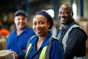 ai generato ritratto di sorridente africano americano femmina magazzino lavoratore in piedi nel magazzino con colleghi nel sfondo foto