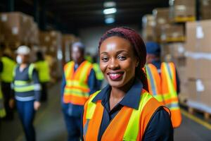 ai generato ritratto di sorridente africano americano femmina magazzino lavoratore in piedi nel magazzino con colleghi nel sfondo foto