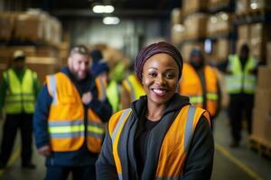 ai generato ritratto di sorridente africano americano femmina magazzino lavoratore in piedi nel magazzino con colleghi nel sfondo foto